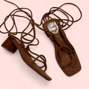 Vintage Block Heel Brown Soft Suede Lace-Up Sandals